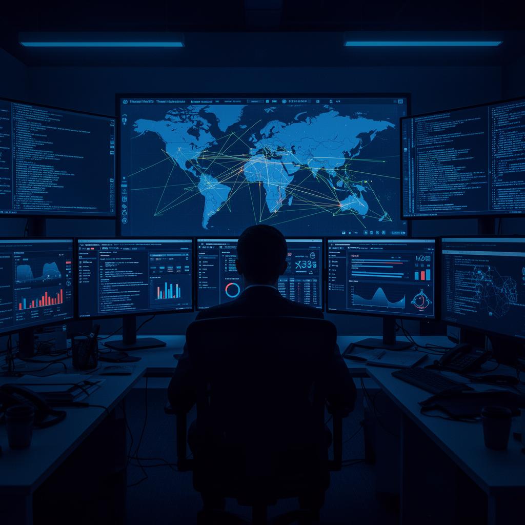 Cybersecurity operations center with threat intelligence dashboards